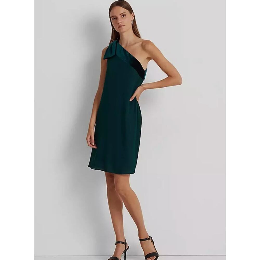 Ralph Lauren One Shoulder Velvet Bow Chiffon Cocktail Dress | Sz 0, Green NEW